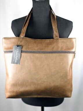 👜 NWT Fashionable Beige  Faux Leather Tote Bag Work Laptop Shopper Carryall